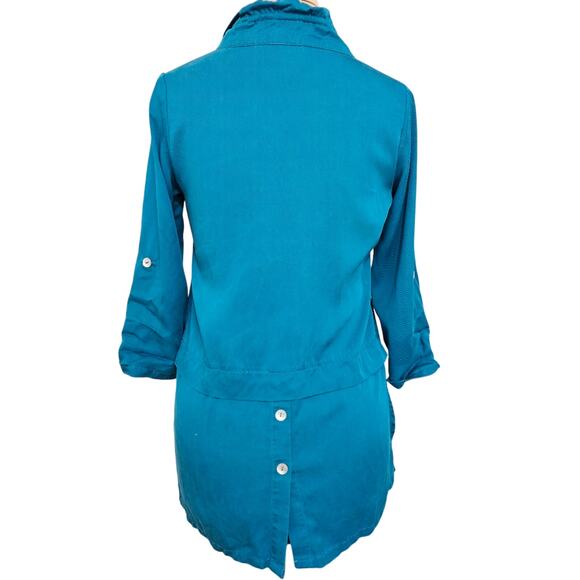 Soft Surroundings Teal Ruffle Collar Button Front Tunic Top Button Back Detail S - Picture 2 of 11